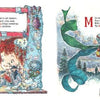 Two illustrated pages from Schiffer Publishing, Ltd.'s Wee Witches: Left, Pagan children explore a magical, snowy world with floating objects and a big “L.” Right, a ribbon-wrapped wand floats over a forest below a festive red “M”—perfect for young witches.