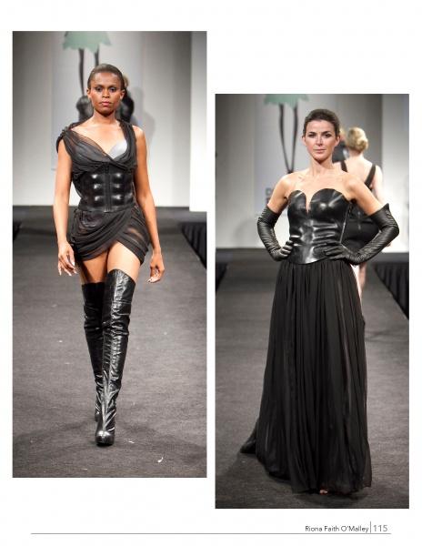 Models highlight cutting-edge style on the runway in "Emerging Fashion Designers 2" from Schiffer Publishing, Ltd.—one wears a black asymmetrical mini dress and thigh-high boots, the other a strapless black corset gown with long gloves.