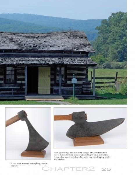 A grassy field with hills frames a log cabin and wooden porch. Below, Everyday Artifacts by Schiffer Publishing, Ltd. features close-up photos of a vintage broadax axe—an early American artifact—shown from two angles.