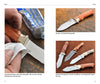 A hand polishes a fixed-blade knife, shown with finished and varied tang knives and a handle close-up—scenes from Schiffer Publishing, Ltd.’s "Making Full Tang Knives for Beginners," perfect inspiration for aspiring knife makers.