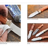 A hand polishes a fixed-blade knife, shown with finished and varied tang knives and a handle close-up—scenes from Schiffer Publishing, Ltd.’s "Making Full Tang Knives for Beginners," perfect inspiration for aspiring knife makers.
