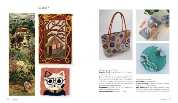 A magazine gallery features textile art—a tapestry village, tree house, cat portrait, punch needle bag, owl plush, round blue wall hanging with a white bird—plus artist bios and a Punch Needle Rug Hooking guide by Schiffer Publishing, Ltd.