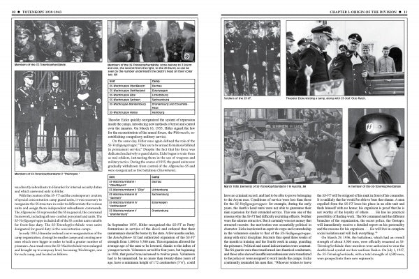 Two pages from "The 3rd Waffen-SS Panzer Division Totenkopf, 1939-1943" by Schiffer Publishing, Ltd. show black-and-white WWII photos, plus German and English captions and tables detailing the division’s Waffen-SS history.
