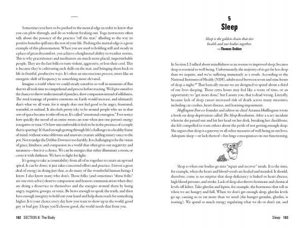 An open book from Schiffer Publishing, Ltd.’s "Mindfulness Matters" shows a section ending on pushing limits and Chapter 5, "Sleep," with a Thomas Dekker quote and text on sleep, mindfulness, and their importance in self-care and health.