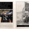 A two-page spread from "Freaks of Sideshow and Film" (Schiffer Publishing, Ltd.): left page features a vibrant “ALL ALIVE” tent photo, right page has a black-and-white image of people outside a circus sideshow tent.