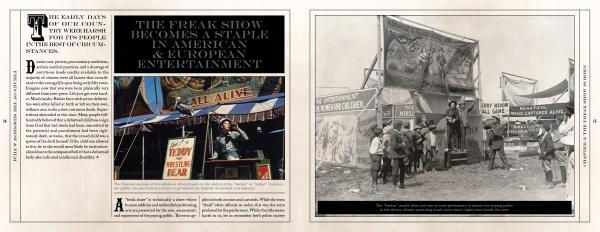 A two-page spread from "Freaks of Sideshow and Film" (Schiffer Publishing, Ltd.): left page features a vibrant “ALL ALIVE” tent photo, right page has a black-and-white image of people outside a circus sideshow tent.