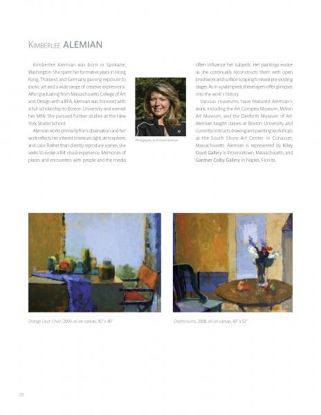 A page from Schiffer Publishing's "100 Boston Painters" features Boston artist Kimberlee Alemian, her biography, a portrait, and images of two works: “Orange Chair” (indoor scene) and “Daydreams” (serene outdoor view).