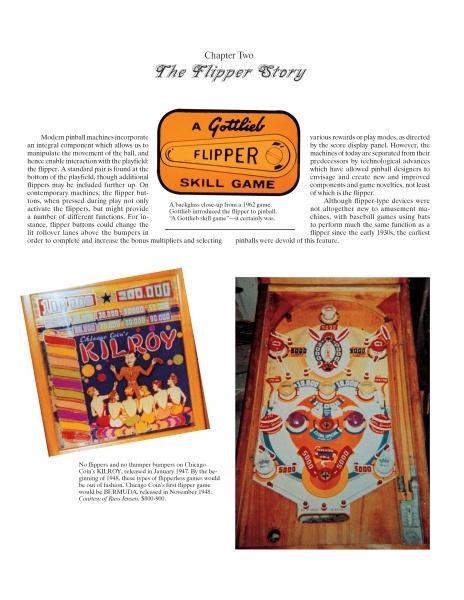 A page about pinball history features The Complete Pinball Book by Schiffer Publishing, Ltd., highlighting a Gottlieb Flipper Skill Game badge, a colorful KILROY backglass, and a classic playfield full of bumpers and targets.