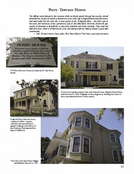 A page from Historic Monterey by Schiffer Publishing, Ltd. showcases a sign, two exterior photos of the yellow Victorian Perry-Downer House with white trim and bay window, plus a brief history highlighting its 1800s Monterey roots.