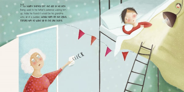 An elderly woman switches on a light as a sleepy young boy rests on the top bunk. "The Magic in a Smile" by Schiffer Publishing, Ltd. and colorful bunting create a cozy, calming space, perfect for emotional comfort.