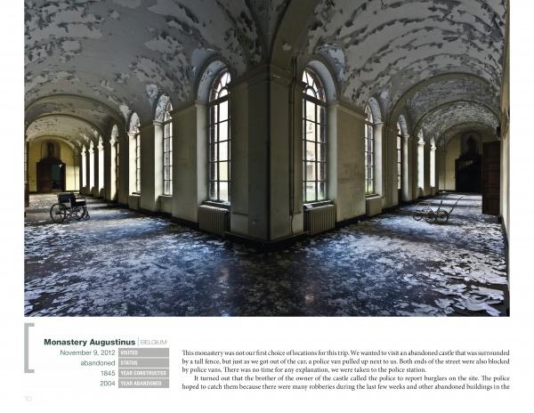 Discover "The World of Urban Decay" by Schiffer Publishing, Ltd., featuring striking images of empty halls with arched windows, peeling floors, and sunlight streaming past abandoned wheelchairs—perfect inspiration for urban exploration photography.