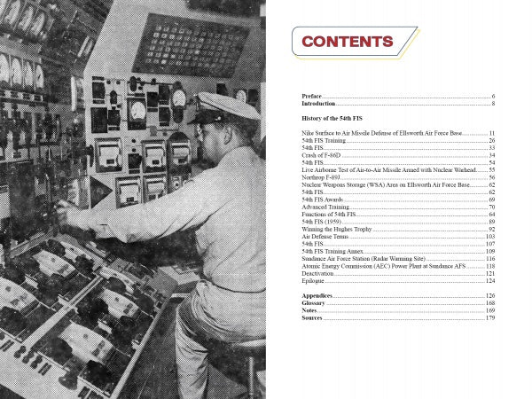 A man in uniform operates a control panel full of gauges; at right, the table of contents for Schiffer Publishing, Ltd.'s "The 54th Fighter-Interceptor Squadron" appears against a white background.