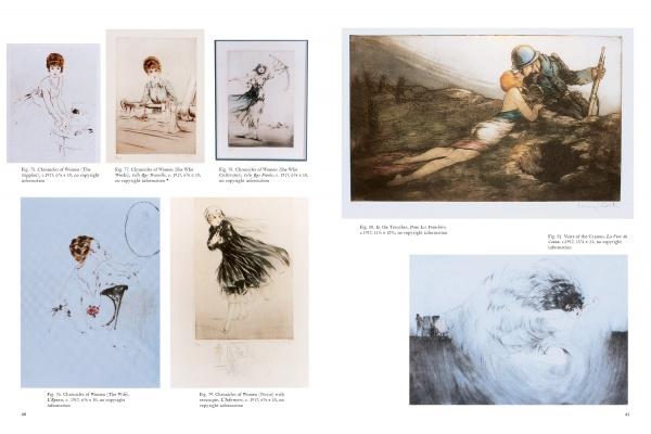 A collage of eight vintage-style illustrations from Louis Icart by Schiffer Publishing, Ltd. Features include a ballerina, grieving woman by a grave, and woman with a white animal, each labeled with figure numbers and artist credits.