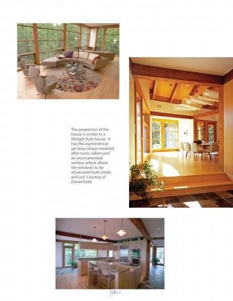 Three photos from Schiffer Publishing, Ltd.’s "Shingle Style Architecture" display a modern home’s living room, dining area, and kitchen—featuring large windows, wood accents, and sustainable, energy-efficient design. Text is centered on the page.