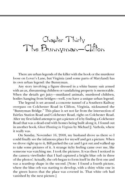 A page from Haunted Virginia by Schiffer Publishing, Ltd. features Chapter Thirty: The Bunnyman—Clifton, discussing Virginia myths and the urban legend of the Bunnyman near Clifton’s infamous Bunnyman Bridge, plus a personal account.