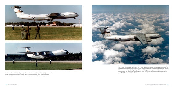 A book spread from Schiffer Publishing, Ltd. features three images of the C-141 Starlifter cargo aircraft on a runway and in flight, with descriptive text on the right page.