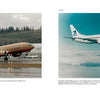 A Schiffer Publishing, Ltd. book shows a Boeing 737 with brown livery landing on a wet runway, and a TEASA aircraft with a blue tail flying above clouds on adjacent pages.