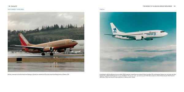 A Schiffer Publishing, Ltd. book shows a Boeing 737 with brown livery landing on a wet runway, and a TEASA aircraft with a blue tail flying above clouds on adjacent pages.