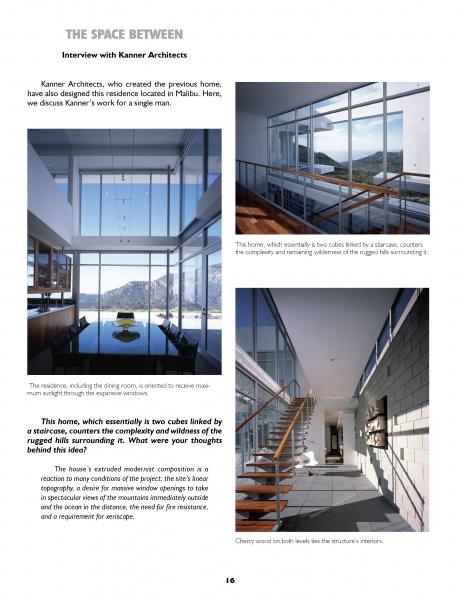 A magazine page showcases modern interiors from "Hollywood Bachelor Pads" by Schiffer Publishing, Ltd., with floor-to-ceiling windows, scenic views, a dining area, and a staircase with wood steps and glass railings, plus celebrity home design text.