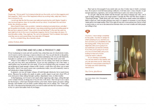 A two-page magazine spread for Schiffer Publishing, Ltd.’s "Master Your Craft" offers guidance on creating and selling product lines, designer tips on product design, and shows five modern metallic vases in different shapes and earth tones on a table.