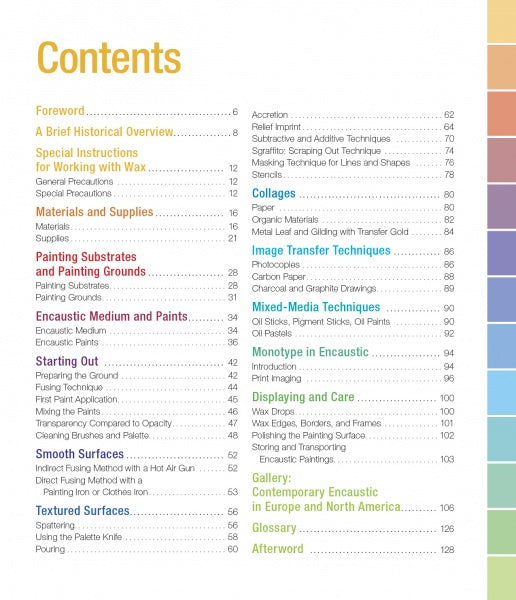 Table of contents page from "How to Create Encaustic Art" by Schiffer Publishing, Ltd., listing section titles like Foreword, Materials and Supplies, Encaustic Techniques, Hot-Wax Painting, Collages, and more, each with page numbers. Ideal for exploring encaustic art.