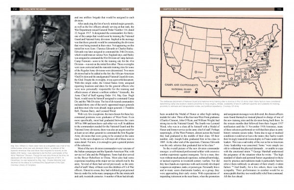 A two-page spread from "To Hell with the Kaiser, Vol. I" (Schiffer Publishing, Ltd.) shows a black-and-white photo of a uniformed Doughboy with text on the left, and a labeled U.S. Army World War I camps map plus related text on the right.