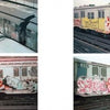 Four photos from "Don1, The King from Queens" by Schiffer Publishing, Ltd. show NYC subway cars with colorful graffiti—tags like DON 1 MAFIA and vivid red, yellow, orange, pink, and white designs—viewed outdoors from different angles.