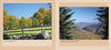 Two landscape photos from "Vermont" by Schiffer Publishing, Ltd.: Left—wooden fence, trees with vibrant fall foliage under a blue sky; Right—mountain view, dense green forest, distant ridges beneath a bright sky.