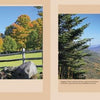 Two landscape photos from "Vermont" by Schiffer Publishing, Ltd.: Left—wooden fence, trees with vibrant fall foliage under a blue sky; Right—mountain view, dense green forest, distant ridges beneath a bright sky.