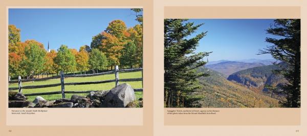Two landscape photos from "Vermont" by Schiffer Publishing, Ltd.: Left—wooden fence, trees with vibrant fall foliage under a blue sky; Right—mountain view, dense green forest, distant ridges beneath a bright sky.