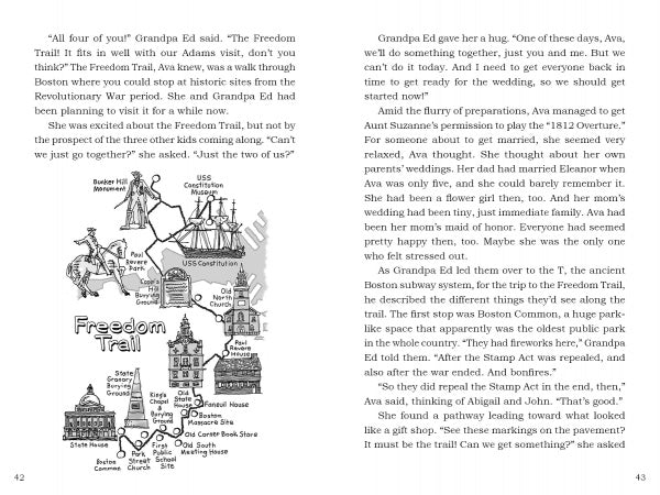 Page from "John Adams and the Magic Bobblehead" by Schiffer Publishing, Ltd., with text and a black-and-white cartoon map of Boston’s Freedom Trail—ideal for kids’ historical fiction or family adventures exploring landmarks.