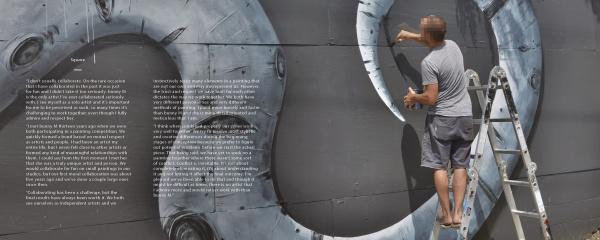 A person stands on a ladder painting a metallic swirl mural on a wall, face blurred, with text to the left. Mural inspired by 2Create from Schiffer Publishing, Ltd.—a striking piece of street art.