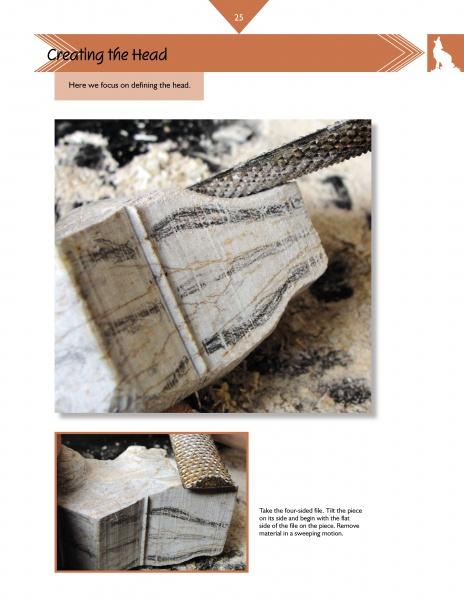 A hand carves a rectangular soapstone using a rasp, with close-ups showing the surface detail and process—making Schiffer Publishing’s "Carving a Coyote in Soapstone" an ideal soapstone sculpture carving guide.