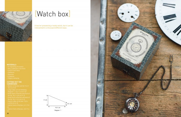 Vintage Cardboard Crafting by Schiffer Publishing, Ltd. is ideal for antique box lovers, showcasing a pocket watch design on the lid and vintage watch faces. Step-by-step instructions and a materials list are included on the left page.