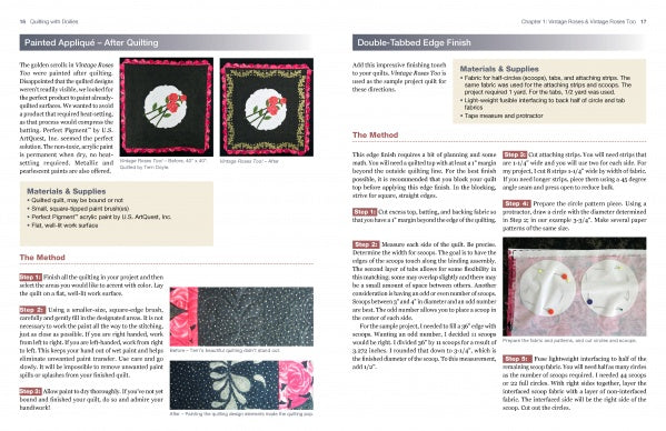 A book spread from "Quilting with Doilies" by Schiffer Publishing, Ltd. features painted appliqué with rose block photos on the left page, and step-by-step double-tabbed edge finishing instructions with supplies on the right.