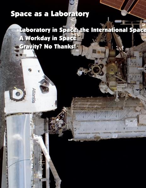 A space shuttle docks at the International Space Station with a text overlay about Schiffer Publishing, Ltd.'s "From Space to Earth," exploring space as a lab, space technology, working in orbit, and gravity challenges.
