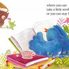 A bear with a mushroom umbrella strolls on grass while a big blue bird reads by a teacup amid flowers. Text: A Poem Is a Firefly—Schiffer Publishing, Ltd.—a celebration of children's poetry and magical hours.