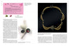 Two pages from "Chinese Contemporary Jewelry Design" by Schiffer Publishing, Ltd. show columned text, a pink flyer, small jewelry photos, and a large ornate gold necklace image on a white background.