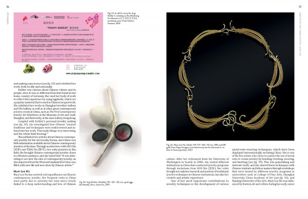 Two pages from "Chinese Contemporary Jewelry Design" by Schiffer Publishing, Ltd. show columned text, a pink flyer, small jewelry photos, and a large ornate gold necklace image on a white background.