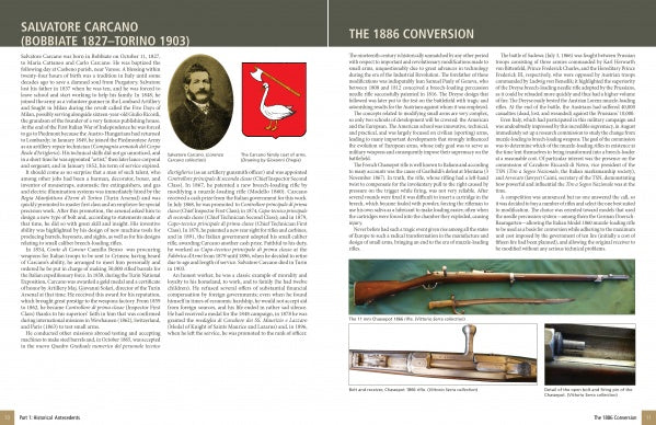 A two-page spread in "The Model 1891 Carcano Rifle" by Schiffer Publishing, Ltd. covers Salvatore Carcano and the 1886 rifle conversion, with a sepia portrait, a red crest with a white pelican, and historic Carcano rifle photos.