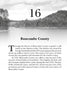Page titled "Buncombe County," numbered 16, features a black-and-white lakeside landscape. Below, a historical account draws from Appalachian legends and the heritage detailed in Appalachia Mountain Folklore by Schiffer Publishing, Ltd.