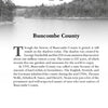 Page titled "Buncombe County," numbered 16, features a black-and-white lakeside landscape. Below, a historical account draws from Appalachian legends and the heritage detailed in Appalachia Mountain Folklore by Schiffer Publishing, Ltd.