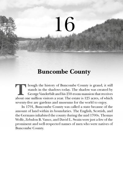 Page titled "Buncombe County," numbered 16, features a black-and-white lakeside landscape. Below, a historical account draws from Appalachian legends and the heritage detailed in Appalachia Mountain Folklore by Schiffer Publishing, Ltd.