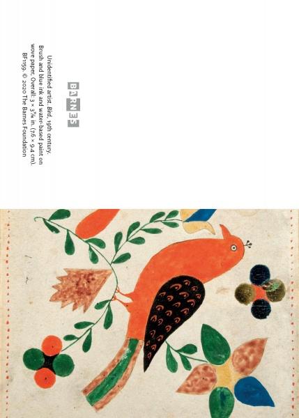 Birds in the Barnes Foundation" by Schiffer Publishing, Ltd. features a folk art orange bird with a black and orange tail on a branch with green leaves, red berries, and flowers set against beige—ideal for art notecards with vertical left-side text.