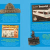 A two-page spread in "Don't Call Them Trailer Trash" by Schiffer Publishing, Ltd. features vintage RV ads, photos, brochures, memorabilia, and text on a blue background, with yellow sidebars for Introduction and Born to Run Trailer Trash.