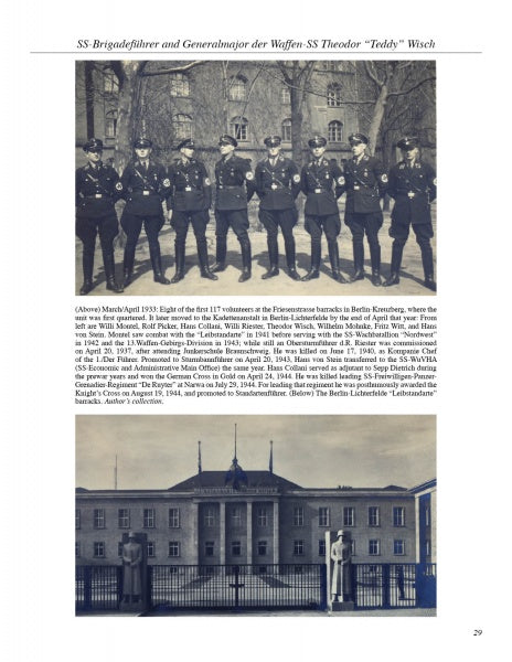 Black-and-white photos from "SS-Brigadeführer und Generalmajor der Waffen-SS Theodor Teddy Wisch" by Schiffer Publishing, Ltd.: Top—Wisch with uniformed men before a building; bottom—a large multi-story building and courtyard; captions appear between images.