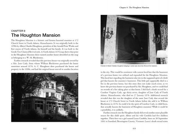 A spread from "Paranormal Research" by Schiffer Publishing, Ltd. shows text on the Houghton Mansion, a black-and-white exterior photo, and a framed portrait—ideal for fans of ghost hunting and paranormal investigations.