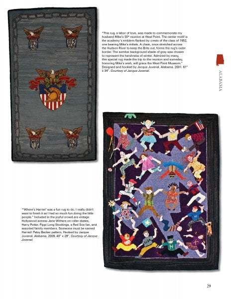 Hooked Rugs of The Deep South by Schiffer Publishing, Ltd. showcases two vibrant, rectangular hooked rugs—one with an eagle and shield, and another with people, animals, and American flags—set against a white background.