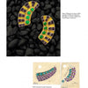 Two jeweled crescent-shaped earrings from Margot Van Voorhies by Schiffer Publishing, Ltd. feature green circles and purple squares on black stones, with design sketches below detailing their mid-century-inspired color placement.
