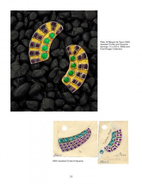 Two jeweled crescent-shaped earrings from Margot Van Voorhies by Schiffer Publishing, Ltd. feature green circles and purple squares on black stones, with design sketches below detailing their mid-century-inspired color placement.